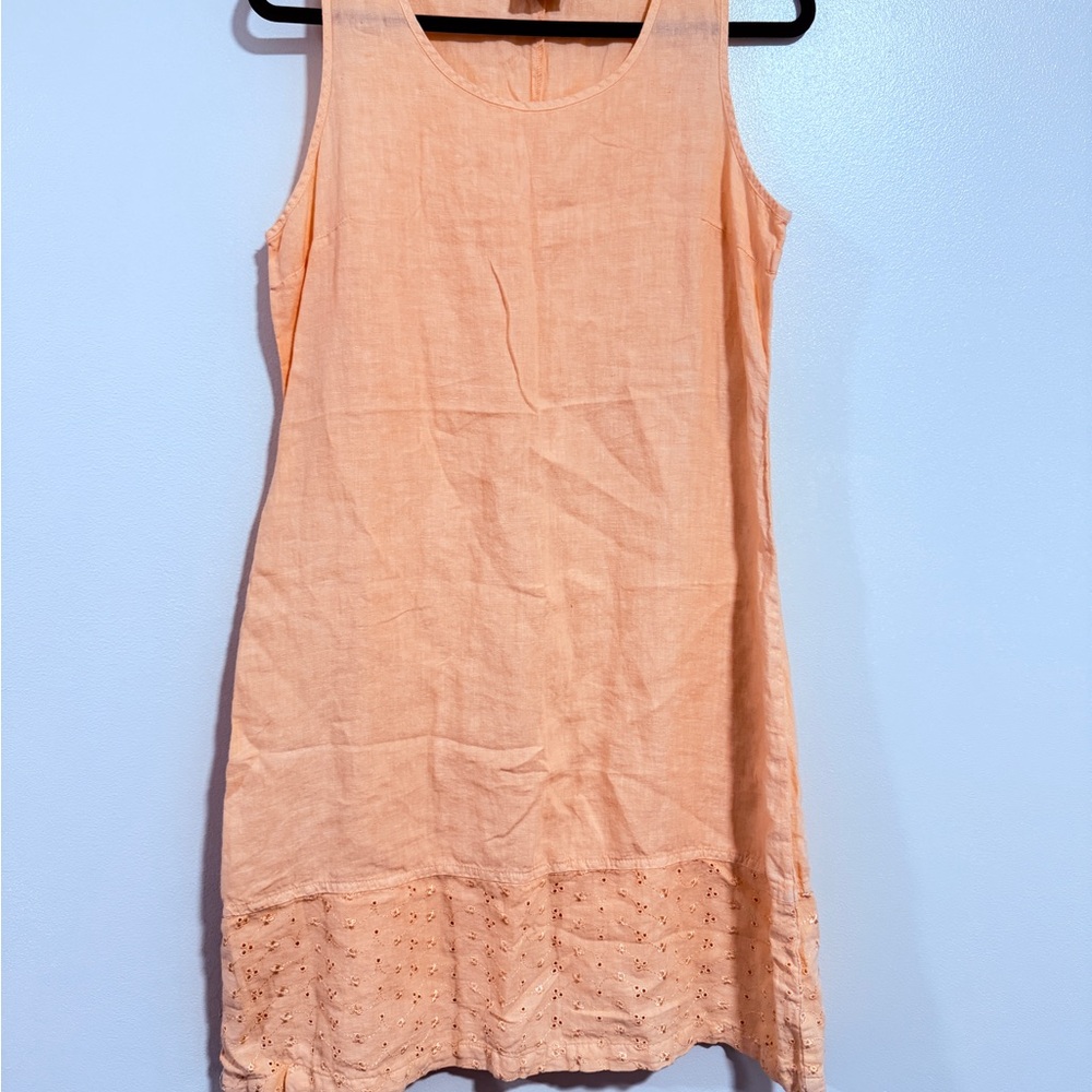 Peach 100% Linen Dress Womens Size Medium Eyelet Hem Summer Spring Resort Chic